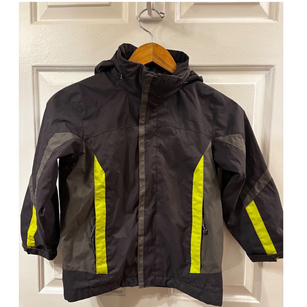 LL Bean Kids Rain Jacket Gray Lime Green Hooded Full Zip Coat Reflective SZ 5-6